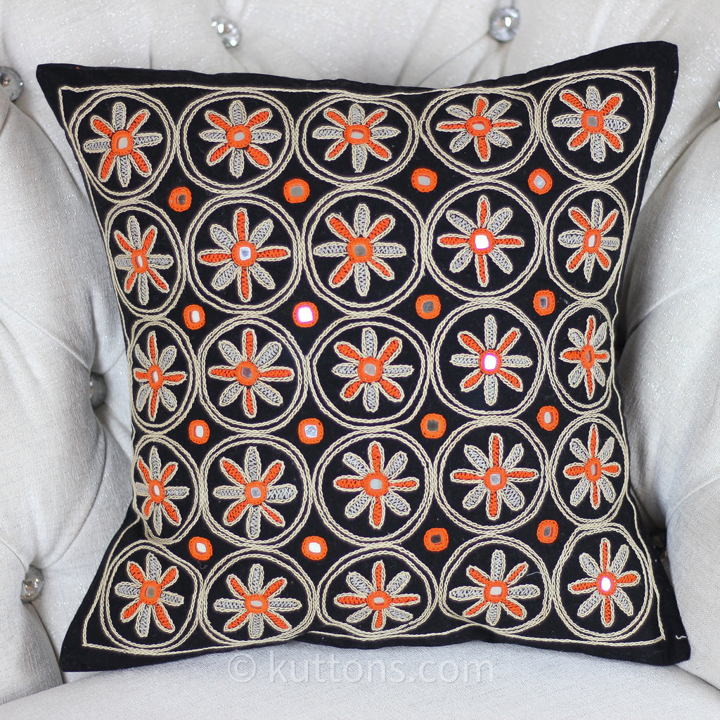 Banjara Lambani Hand Embroidered Cushion Cover Embroidered Mirrors Throw Pillow Case Black 16x16