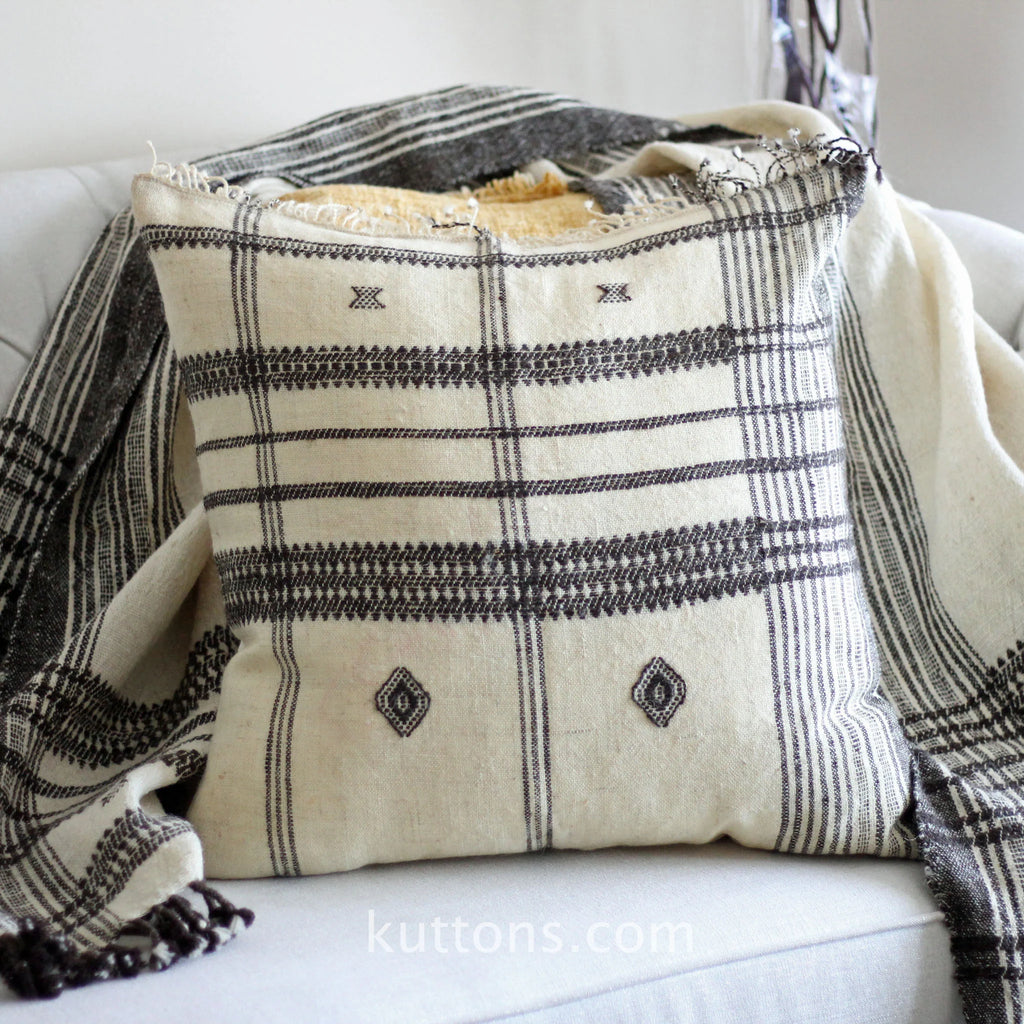 Handwoven Organic Wool Cotton Cushion Cover with Tassels Throw Pillow Cream Brown