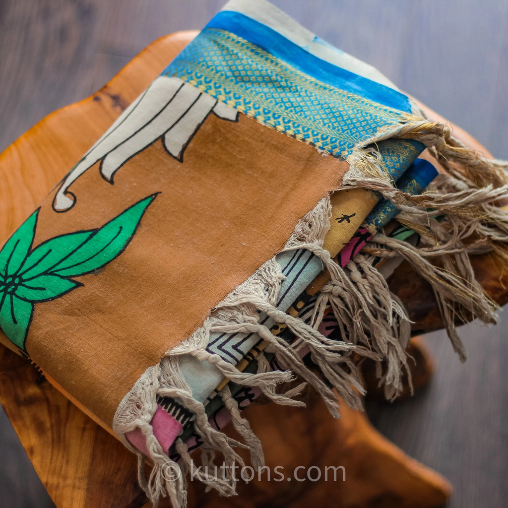 Ethnic Hand Painted Kalamkari Cotton Wrap Cum Art Deco Natural Colours Dancing Mudras Multicolour 35x92