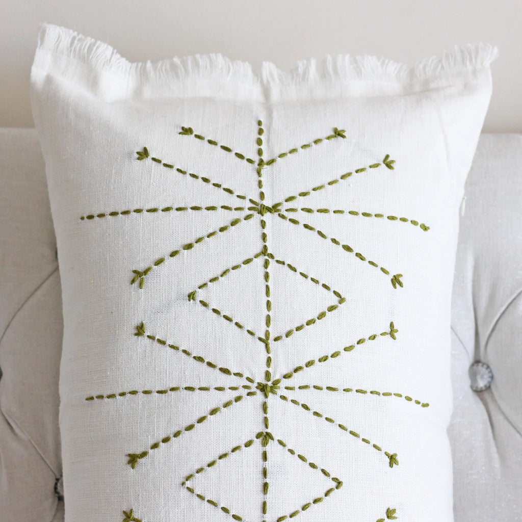 Hand Embroidered 100 Linen Gauze Pillow Cover Fringed Edges Handmade 16x24