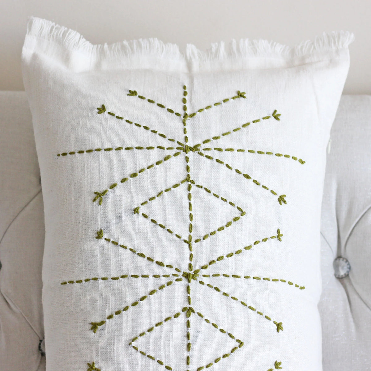 Hand Embroidered 100 Linen Gauze Pillow Cover Fringed Edges Handmade 16x24