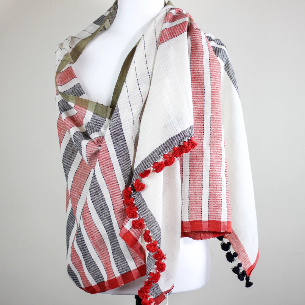 Naturally Dyed Hand Spun Hand Woven Organic Cotton Scarf Wrap White Red Gray 26x76
