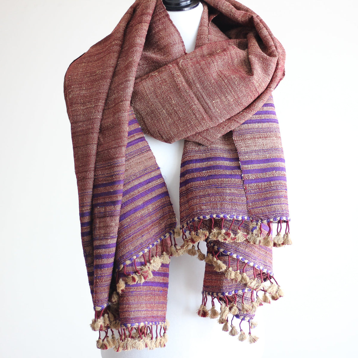 Handspun Tussar Silk Merino Wool Shawl Handwoven with Tassels Maroon 38x87