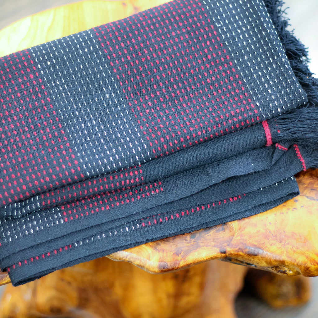 Handspun Handwoven Pure Cotton Scarf Frayed Edges Black Red 23x76