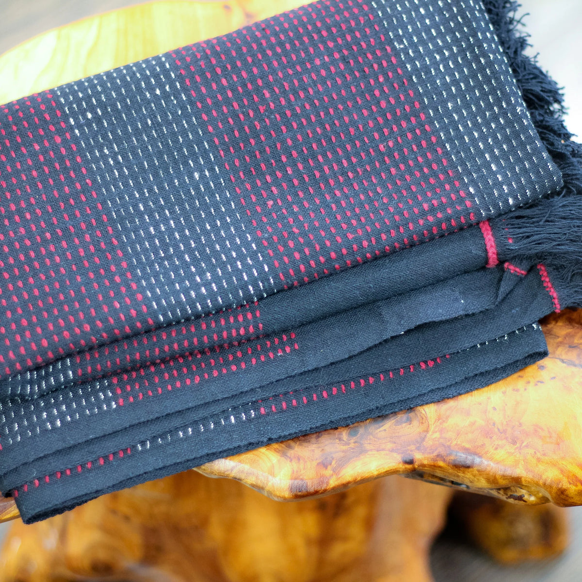 Handspun Handwoven Pure Cotton Scarf Frayed Edges Black Red 23x76