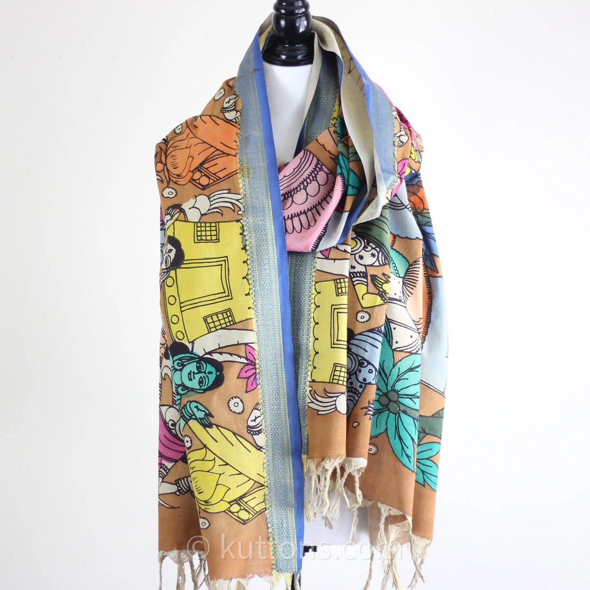 Ethnic Hand Painted Kalamkari Cotton Wrap Cum Art Deco Natural Colours Dancing Mudras Multicolour 35x92