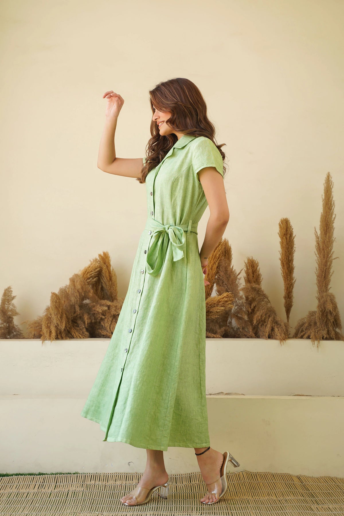 Sage Green Linen Button Down Dress with Lapel Collars Cap Sleeves Tie Belt Fit and Flare Dress