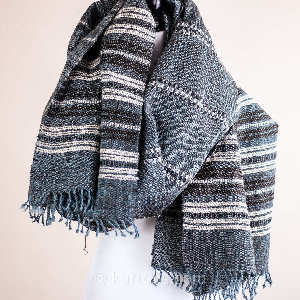 Rustic Charm Multipurpose Handspun Handwoven Ethnic Woolen Shawl Wrap cum Blanket Throw Blue 38x92