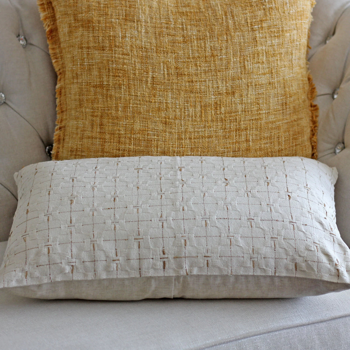 100 Silk Basket Weave Textured Pillow Cover Coconut Shell Button Cream Golden Brown Cushion 16x24