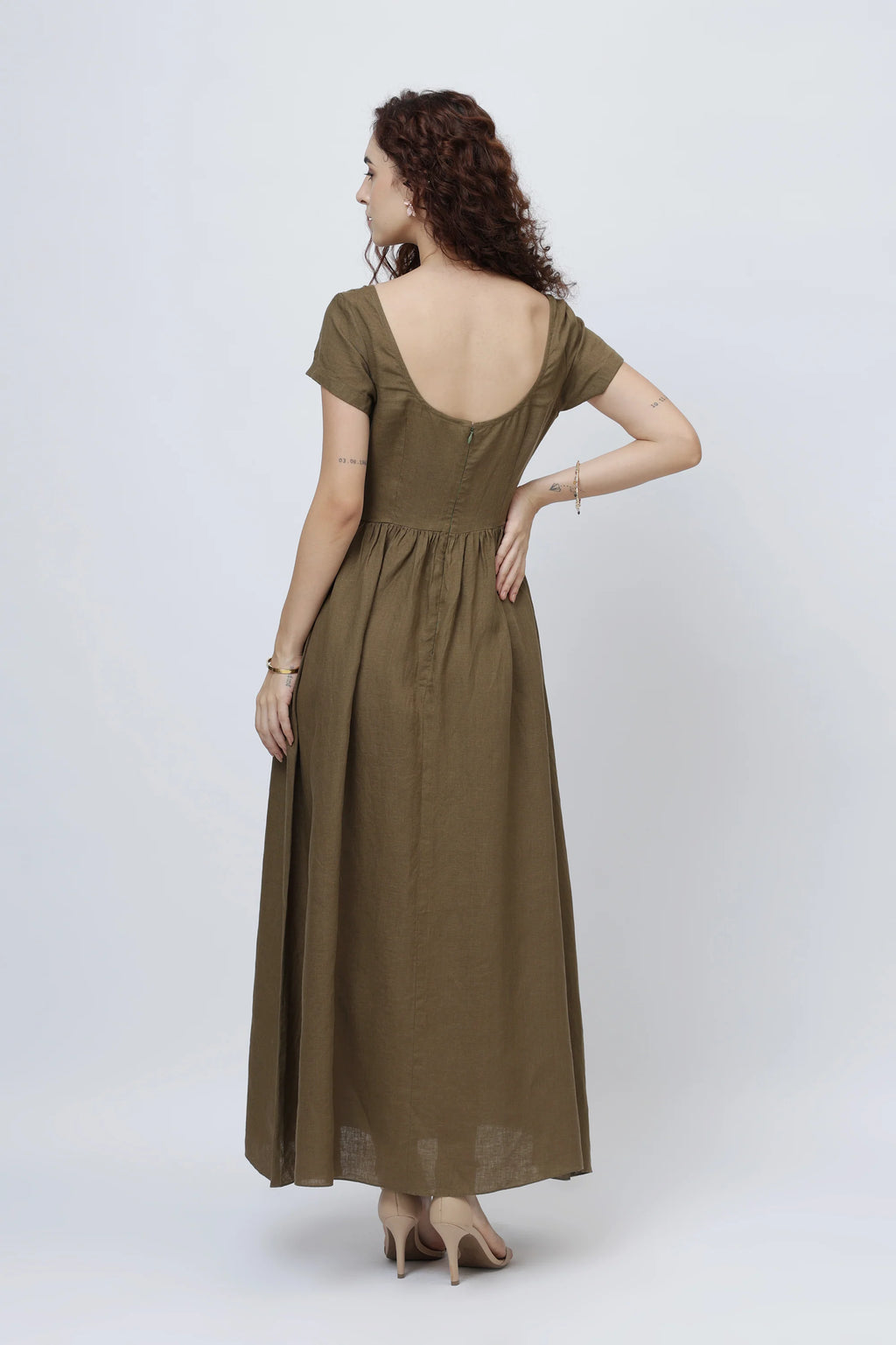 The Aria Linen Maxi Dress Square Neck Fitted Bodice