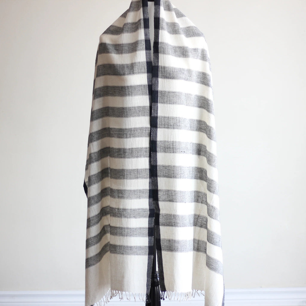 Handwoven Organic Kala Cotton Wrap with Tassels Genetically Pure Organic Cotton Scarf Cream Gray Stripes 23x89