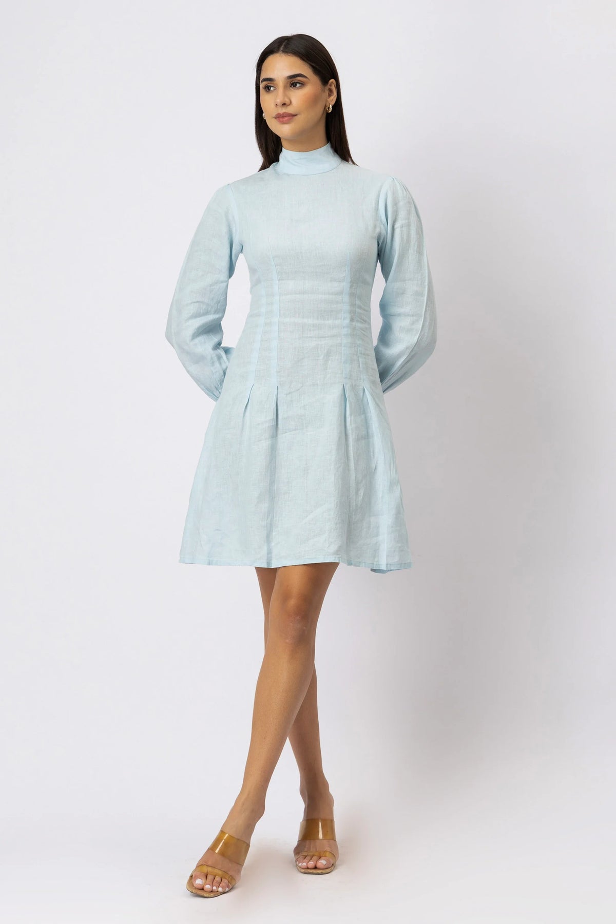 Mock Neck Pleated Mini Dress in European Linen