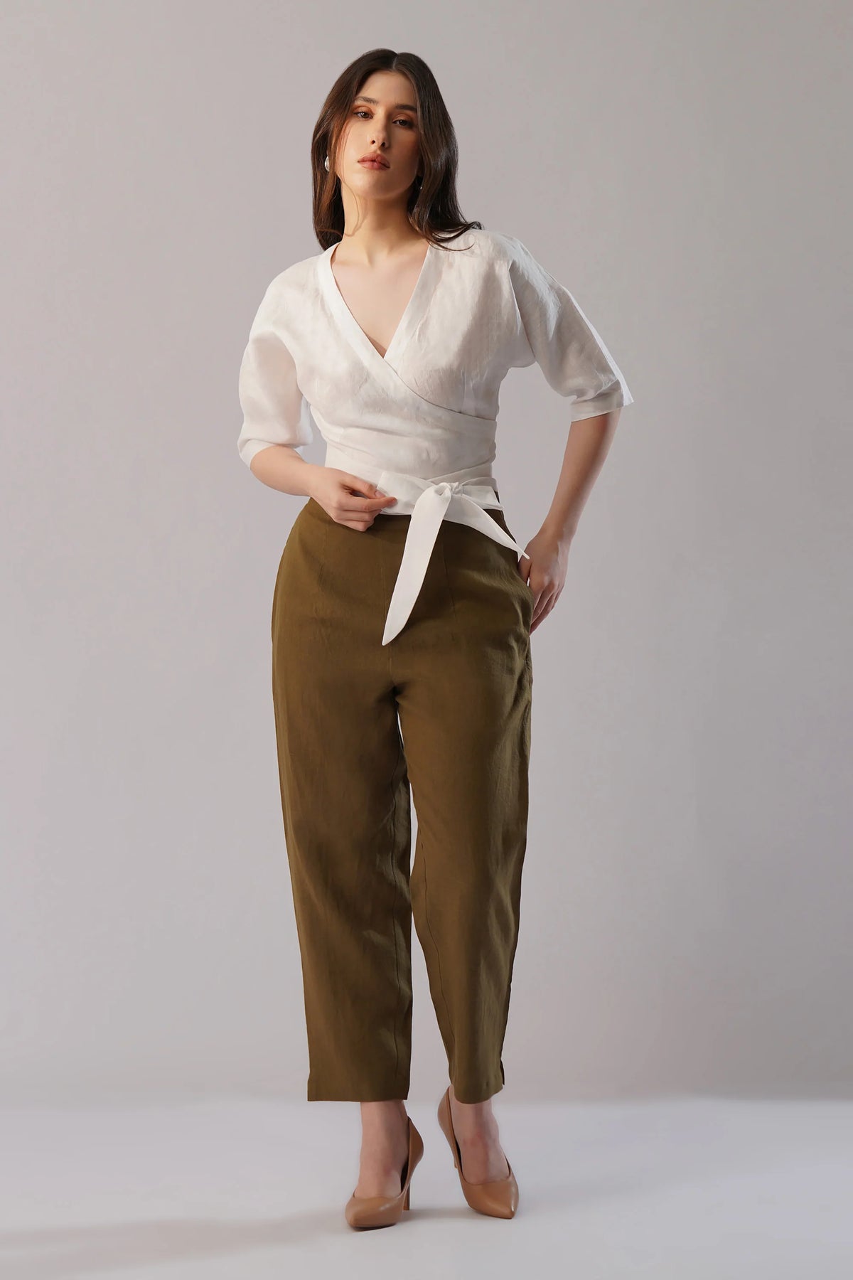 Linen Wrap Top Structured Wrap Linen Top with Tie Waist