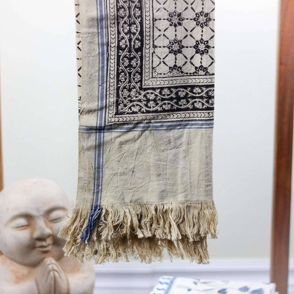 Kalamkari Hand Block Printed Handwoven Pure Cotton Towel Dyed with Natural Colours Beige Black 28x61