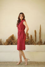 Sassy Button Down Linen Midi Shirt Dress with Lapel Collar Belt Pockets Scarlet Red Sleeveless Linen Tunic Dress