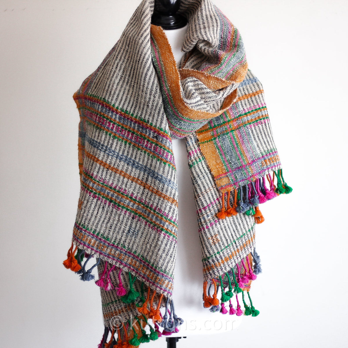Handspun Handwoven Woolen Shawl Wrap Rustic Throw Colourful Stripes