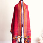 Handspun Handwoven Ethnic Raw Wool Shawl Rustic Wrap Throw Red Orange 36x85