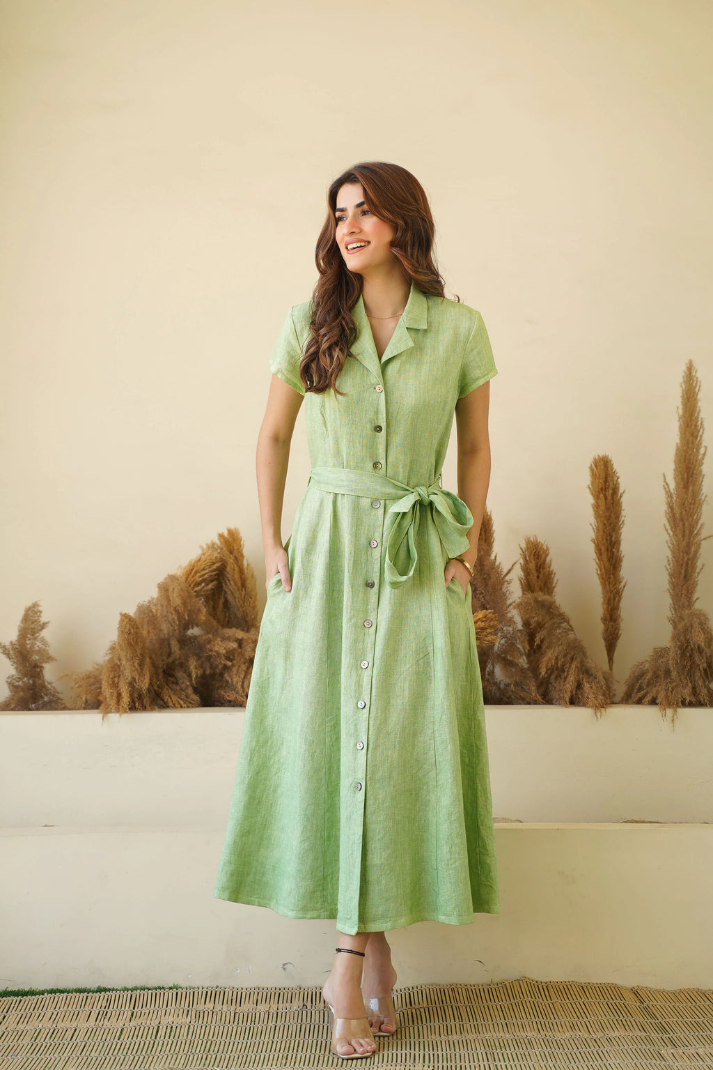Sage Green Linen Button Down Dress with Lapel Collars Cap Sleeves Tie Belt Fit and Flare Dress