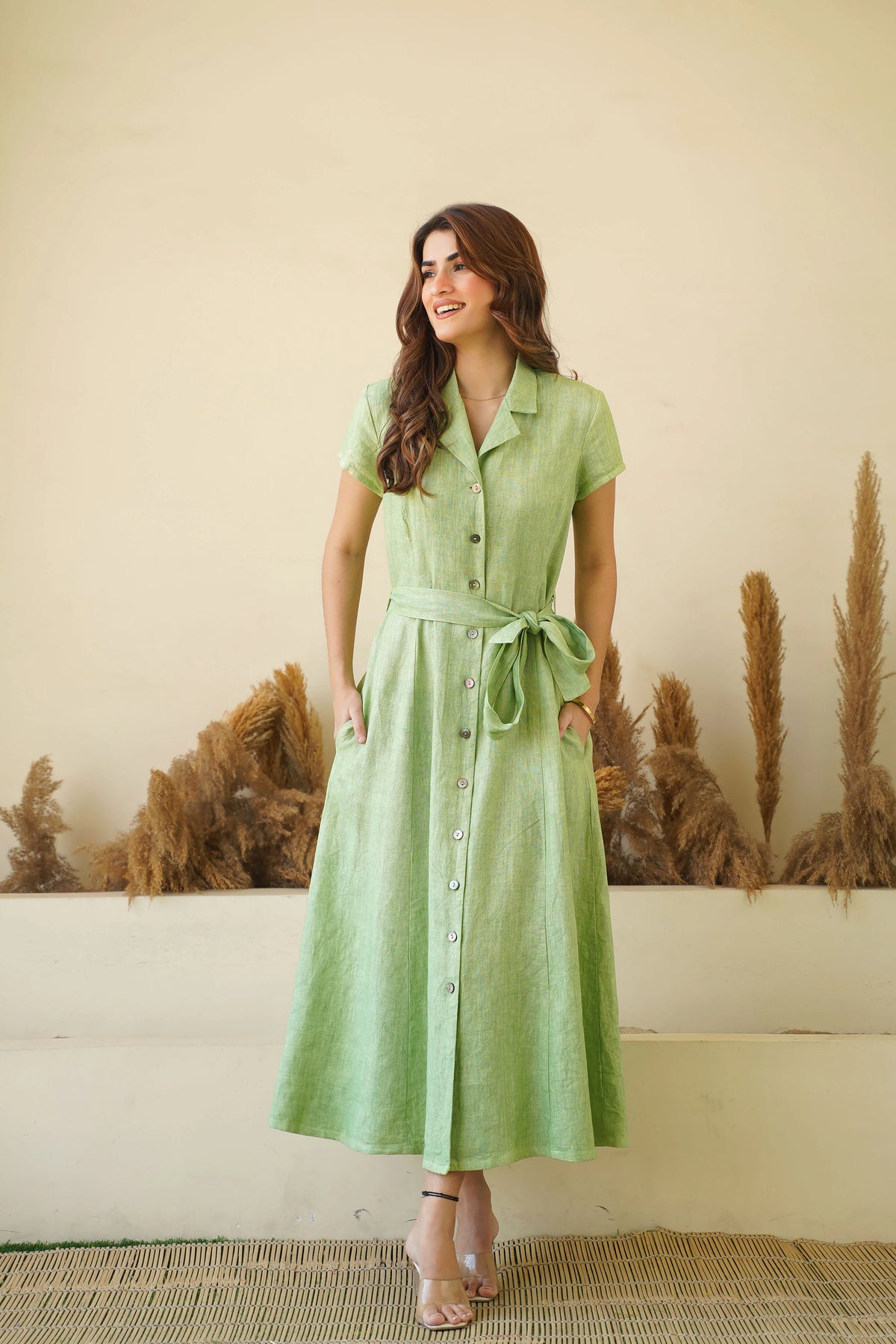 Sage Green Linen Button Down Dress with Lapel Collars Cap Sleeves Tie Belt Fit and Flare Dress