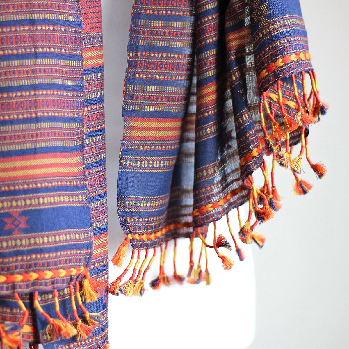 Handwoven Cotton Stole Wrap with Tassels Maroon Golden Brown Olive 23x84