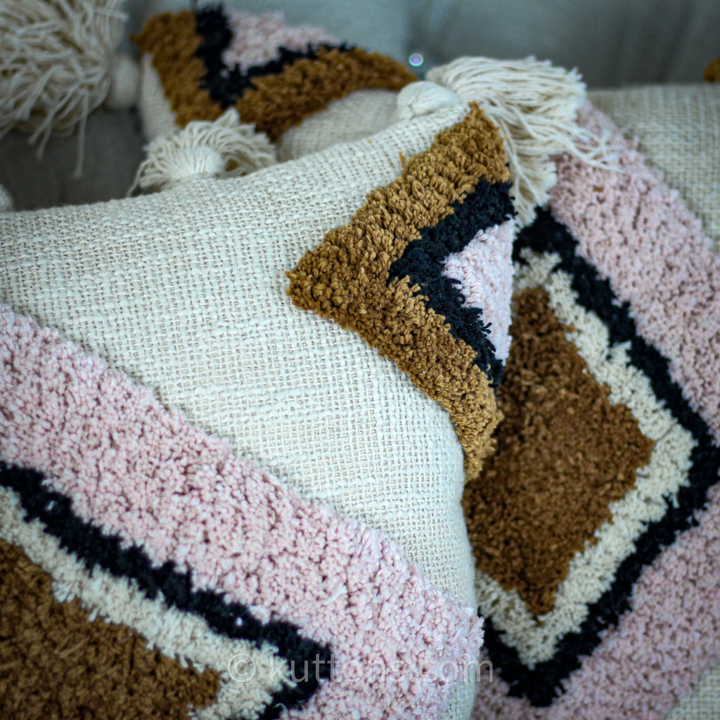 Cotton Tufted Textured Boho Pillow Cover With Large Tassels Cream Pink 18x18 Square Single