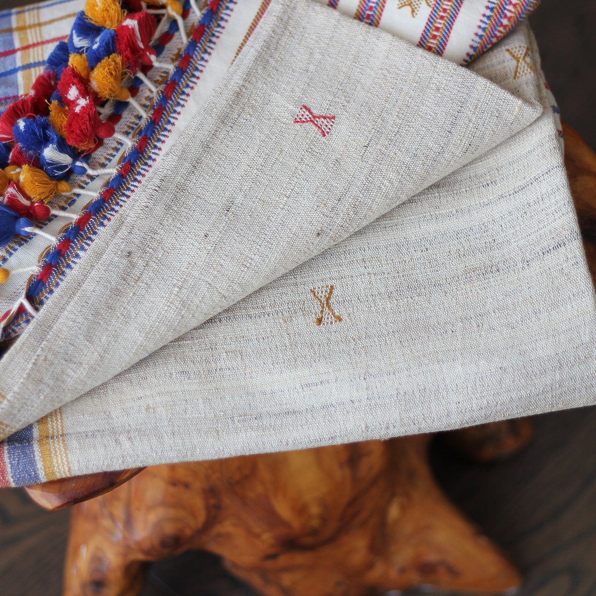 Handwoven Wrap from Handspun Tussar Silk Fine Cotton Colourful Tassels Beige Stole 24x86