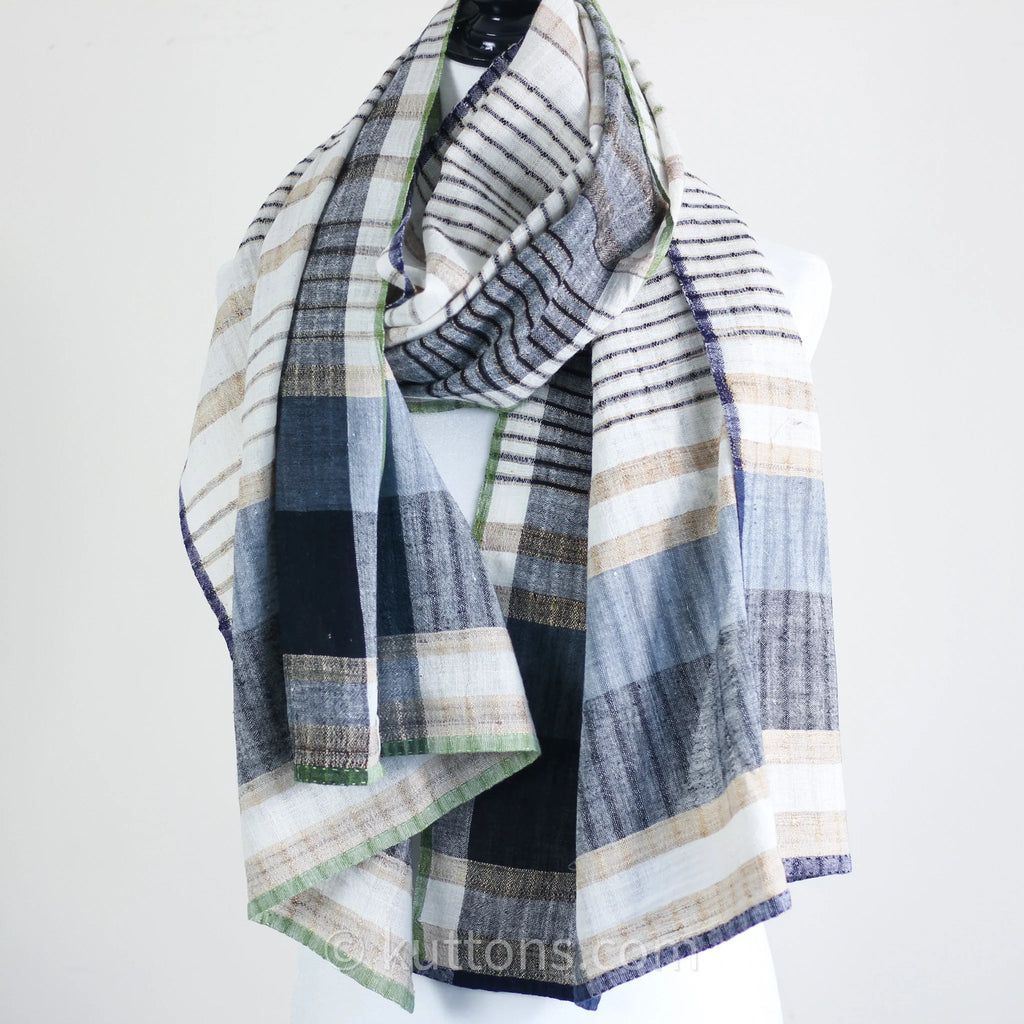 Handspun Handwoven Organic Cotton Scarf Light Airy Stole Cream Blue 24x79