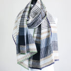 Handspun Handwoven Organic Cotton Scarf Light Airy Stole Cream Blue 24x79
