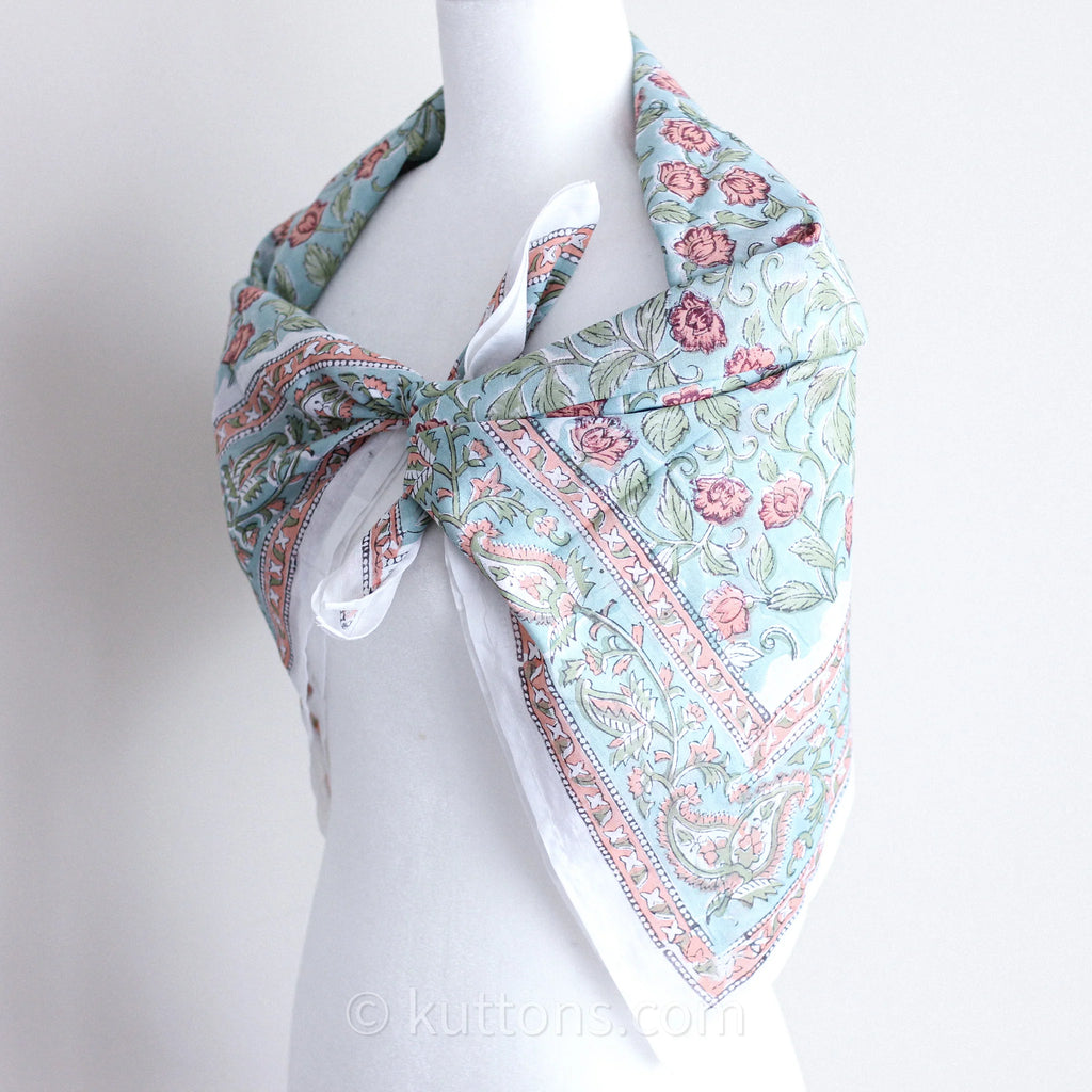 Sanganeri Hand Block Printed Cotton Bandana Soft Lightweight Airy Aqua Green 42x43