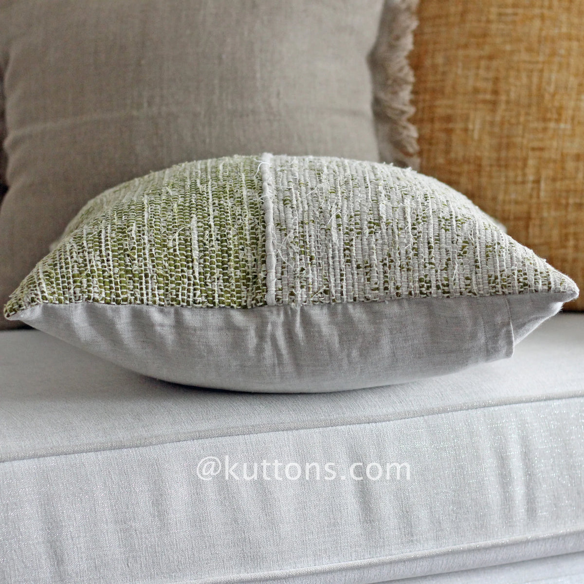Handwoven Linen Throw Pillow Cover Made from Fabric Waste Decorative Linen Cushions Green 20x20