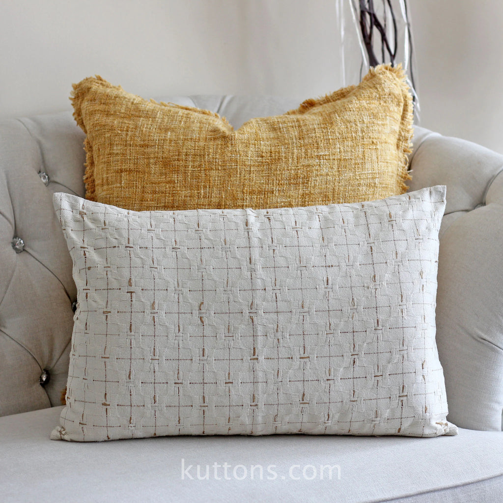 100 Silk Basket Weave Textured Pillow Cover Coconut Shell Button Cream Golden Brown Cushion 16x24