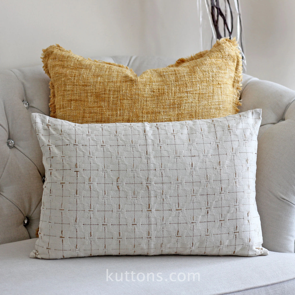 100 Silk Basket Weave Textured Pillow Cover Coconut Shell Button Cream Golden Brown Cushion 16x24