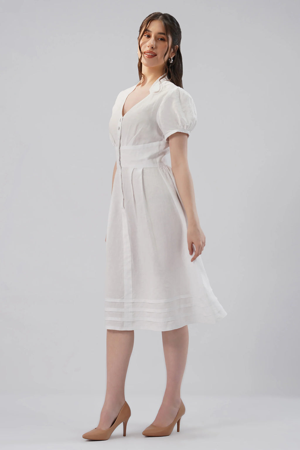 Puff Sleeve Linen Midi Dress with V Neck Button Front