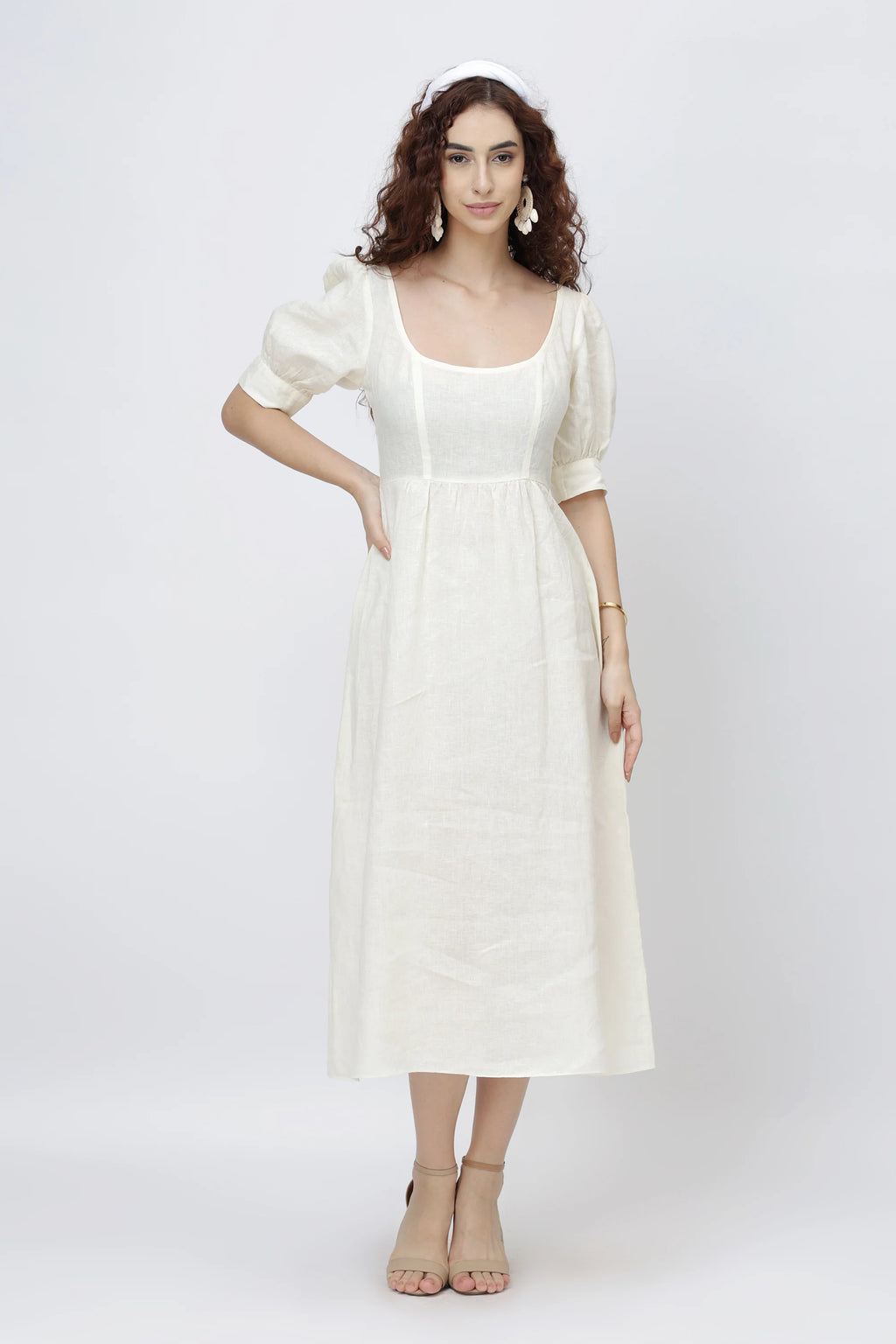Square Neck Puff Sleeve Linen Midi Dress in Premium European Linen