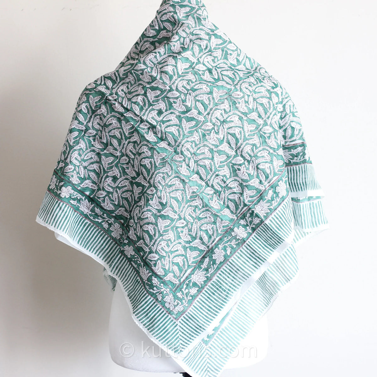 Sanganeri Hand Block Printed Mul Cotton Bandana Soft Lightweight Airy Scarf Green 46x42
