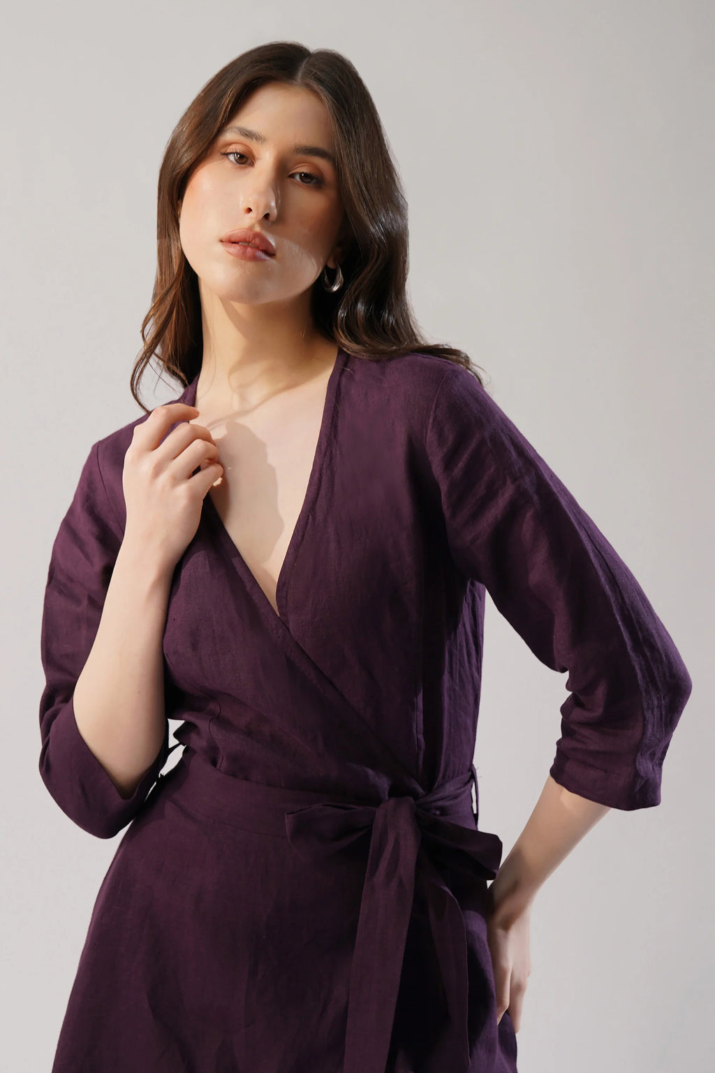 Elara Wrap Linen Dress Asymmetric Hem Ruffle Detail European Linen