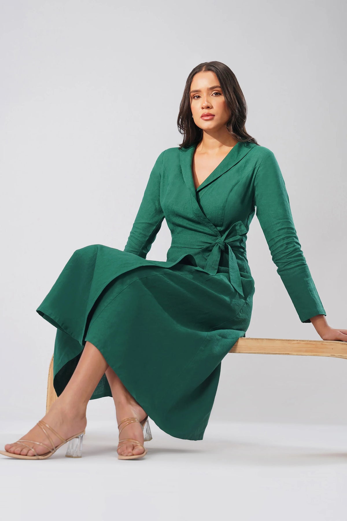 Wrap Linen Midi Dress with Collar Tie Waist Cross Over Waist Tailored Collar European Linen