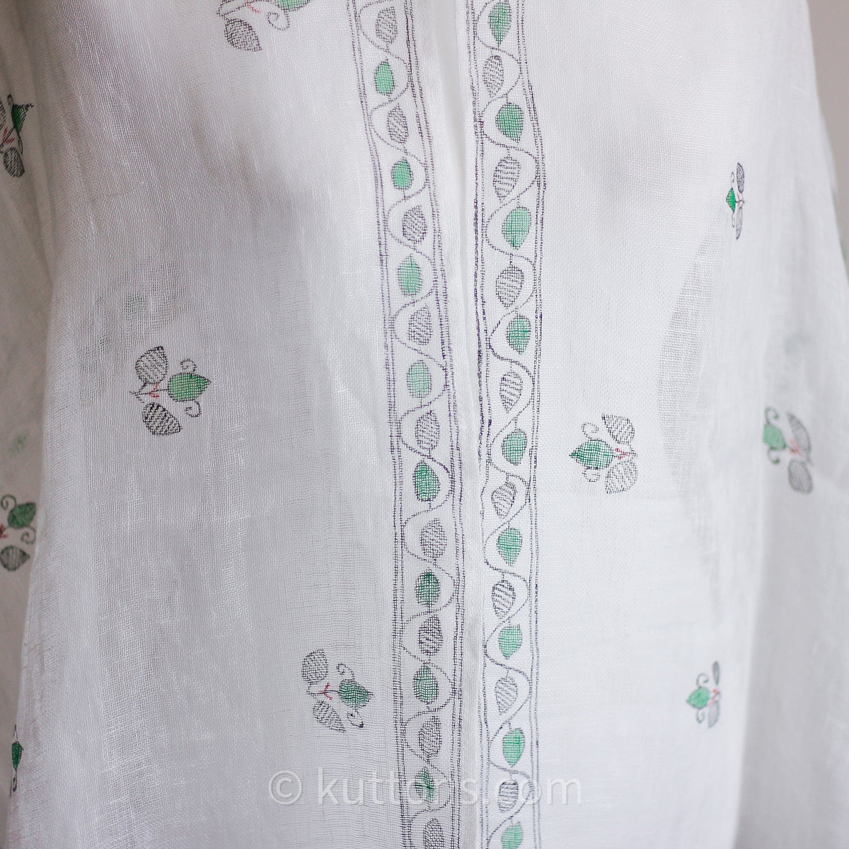 Hand Painted Linen Wrap with Tassels Tribal Madhubani Motifs White Green Leaves 20x80