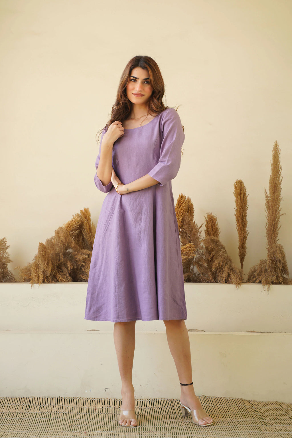 Lilac women linen dress Round neck linen tunic with princess seams long sleeve Zipper lining