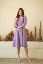Lilac women linen dress Round neck linen tunic with princess seams long sleeve Zipper lining