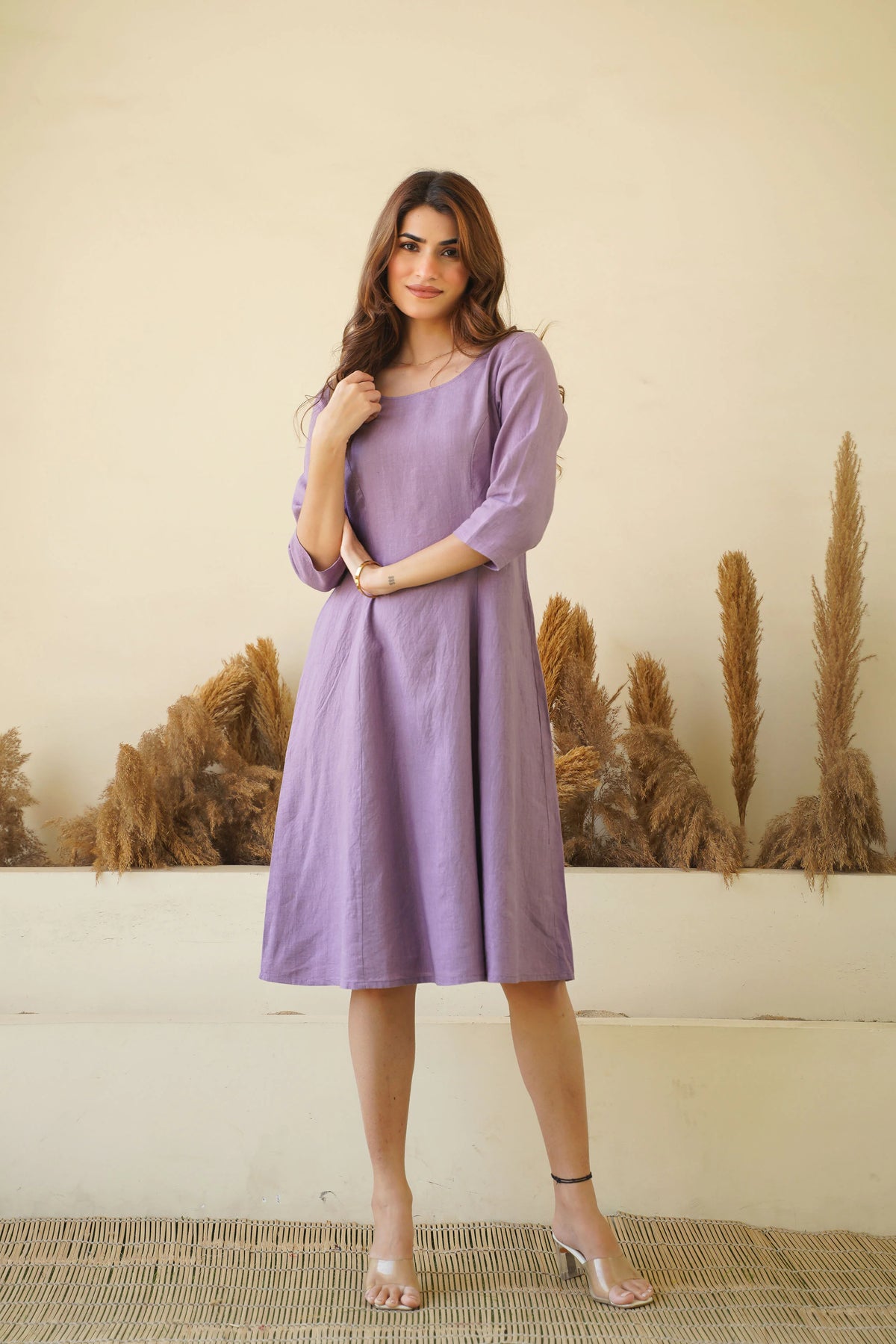 Lilac women linen dress Round neck linen tunic with princess seams long sleeve Zipper lining