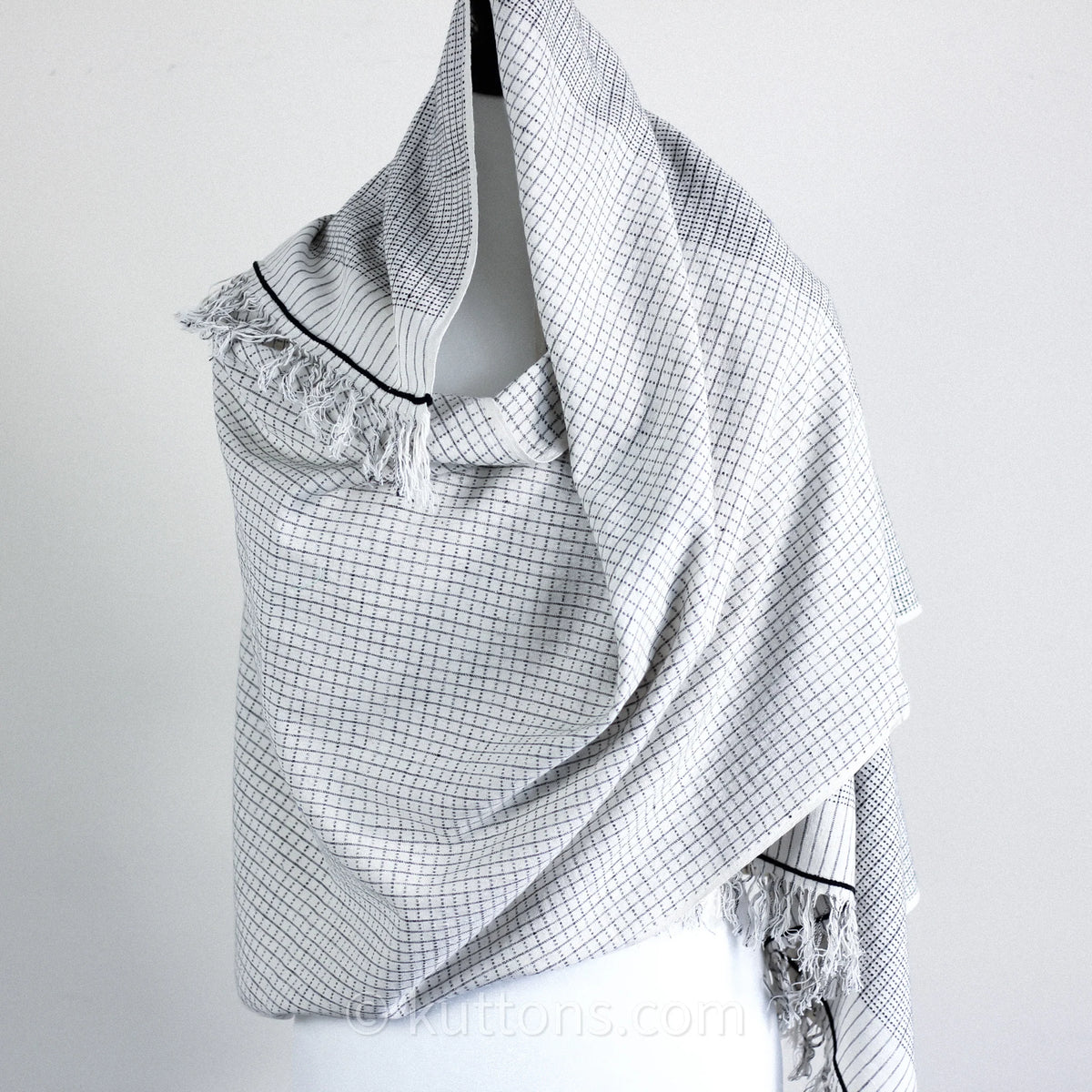 Handspun Handwoven Cotton Scarf Sustainable Fashion Stole by Women Artisans White Gray 23x77