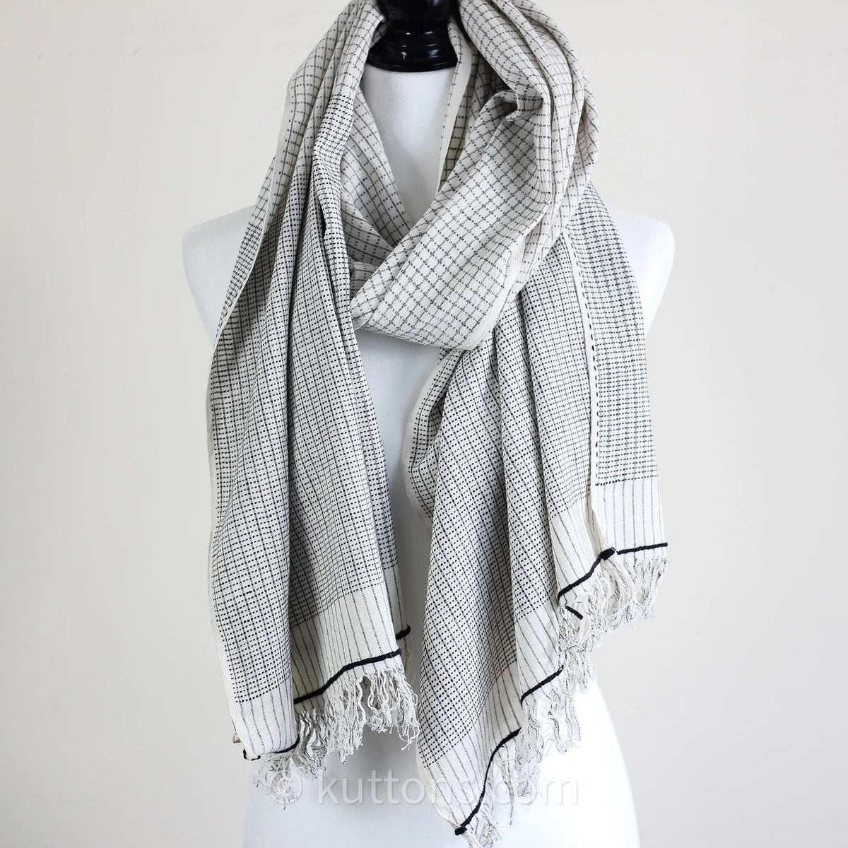 Handspun Handwoven Cotton Scarf Sustainable Fashion Stole by Women Artisans White Gray 23x77