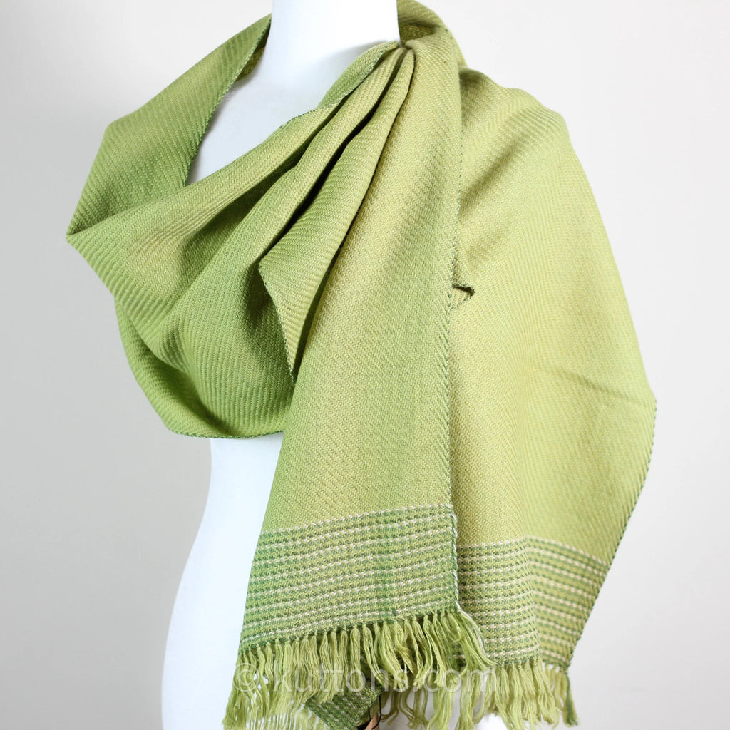 Handwoven Fine Merino Himalayan Wool Scarf Naturally Dyed with Tesu Flowers Tea Parrot Green 13x76 inch