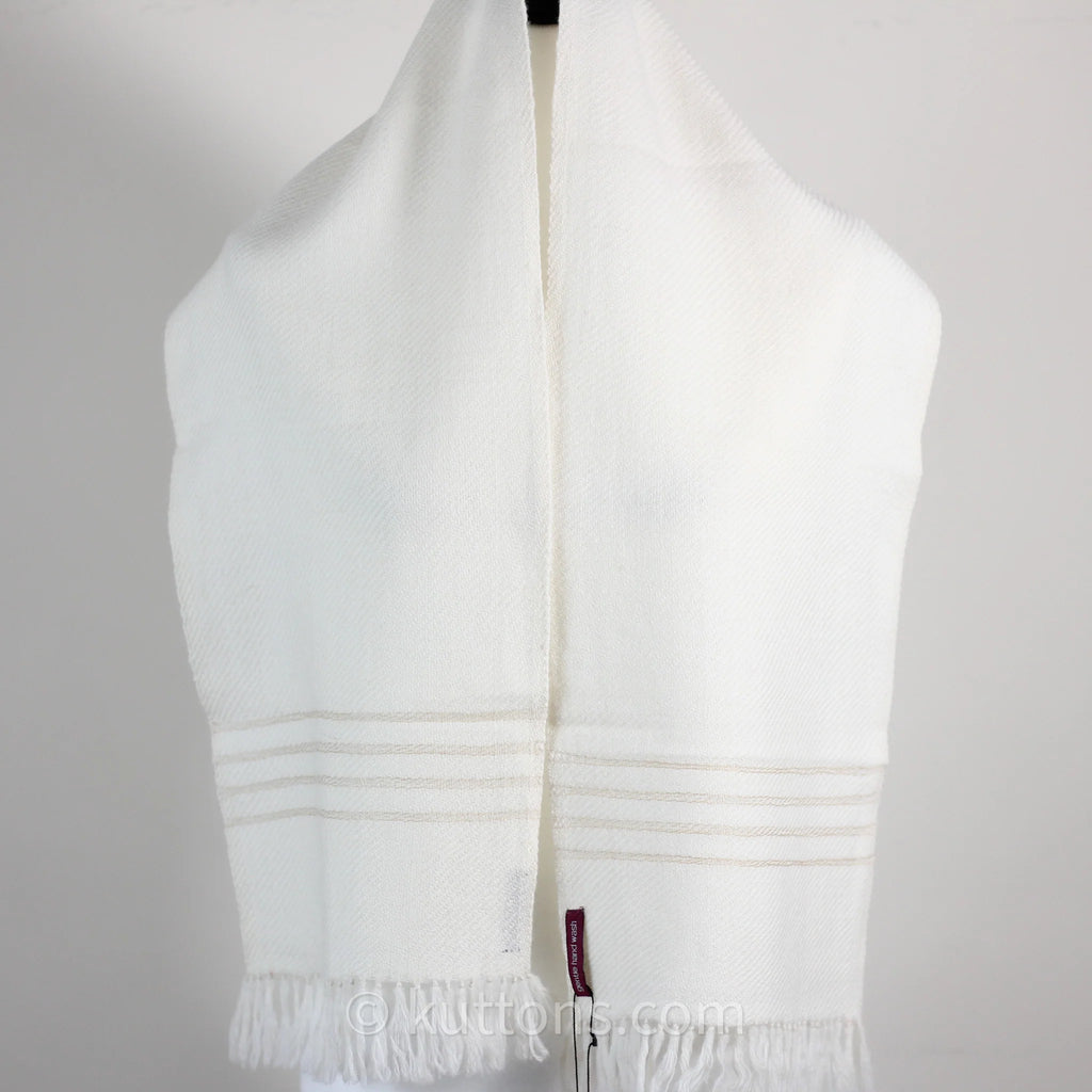 Handwoven Himalayan Merino Woolen Scarf with Tusser Silk Border Cream 11x52 Small