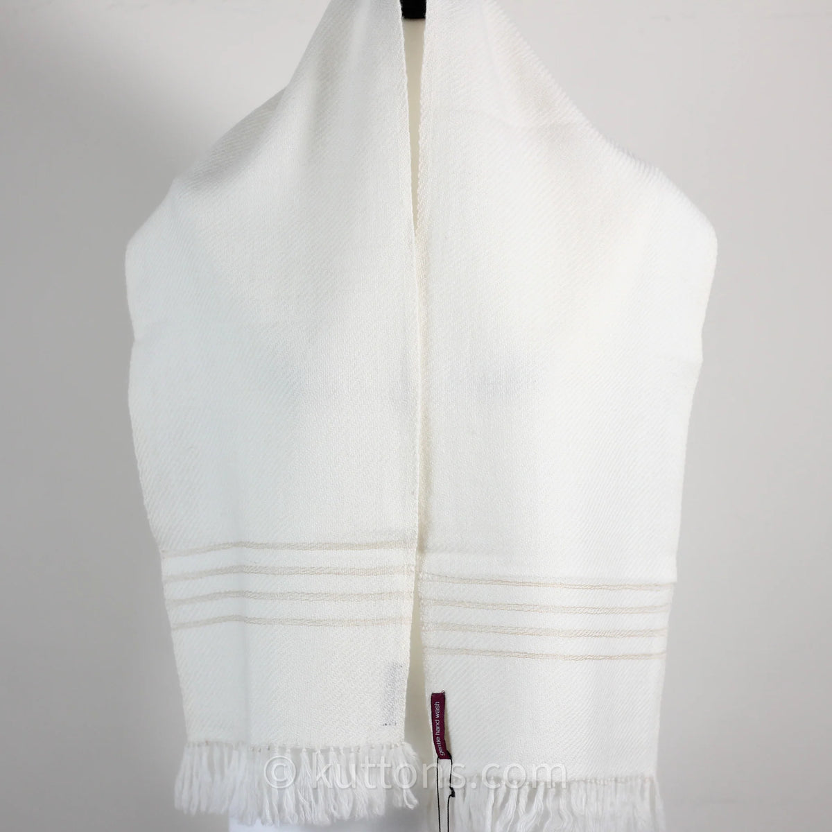 Handwoven Himalayan Merino Woolen Scarf with Tusser Silk Border Cream 11x52 Small