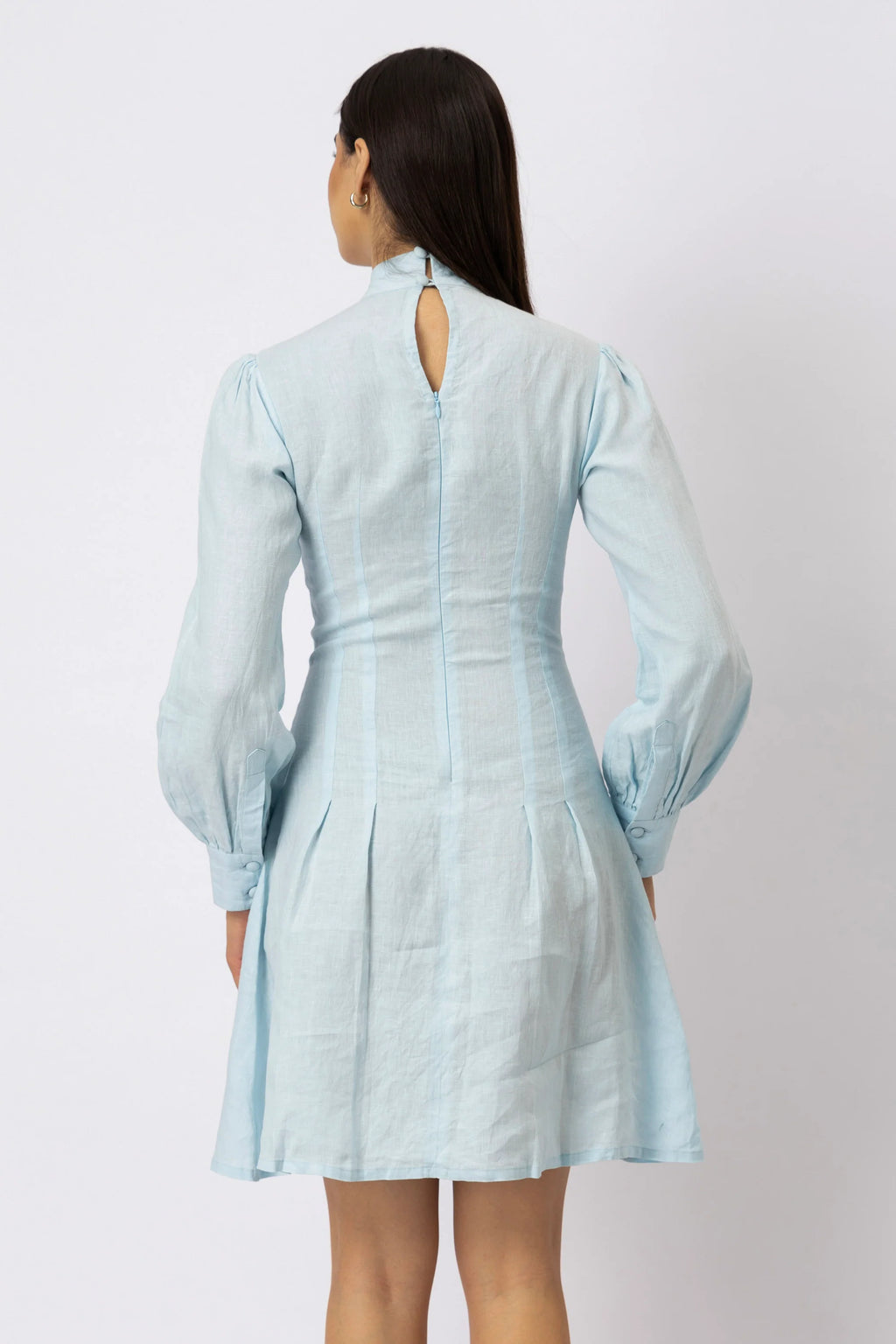 Mock Neck Pleated Mini Dress in European Linen