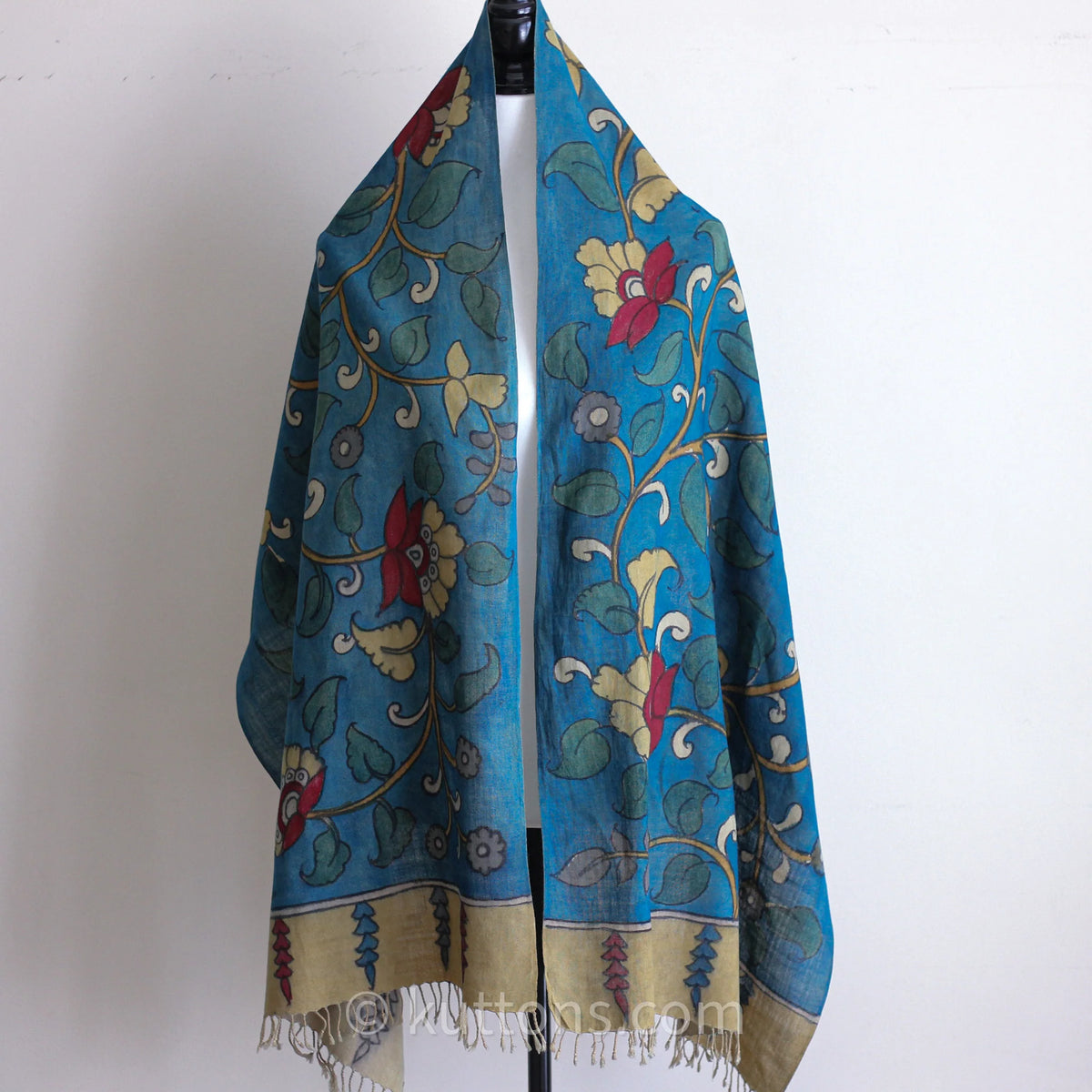 Ethnic Kalamkari Hand Painted Cotton Scarf Natural Colours Floral Blue 21x75