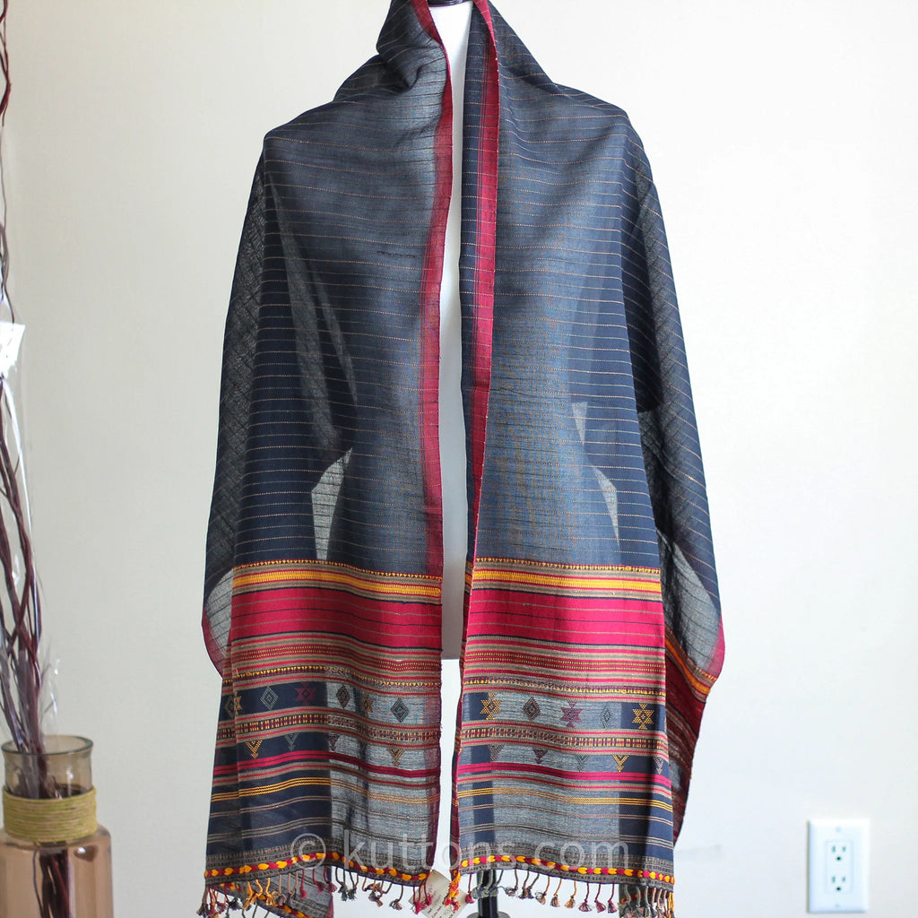 100 Cotton Wrap with Tassels Handwoven Bhujodi Stole Extra Weft Black Red Yellow 22x78