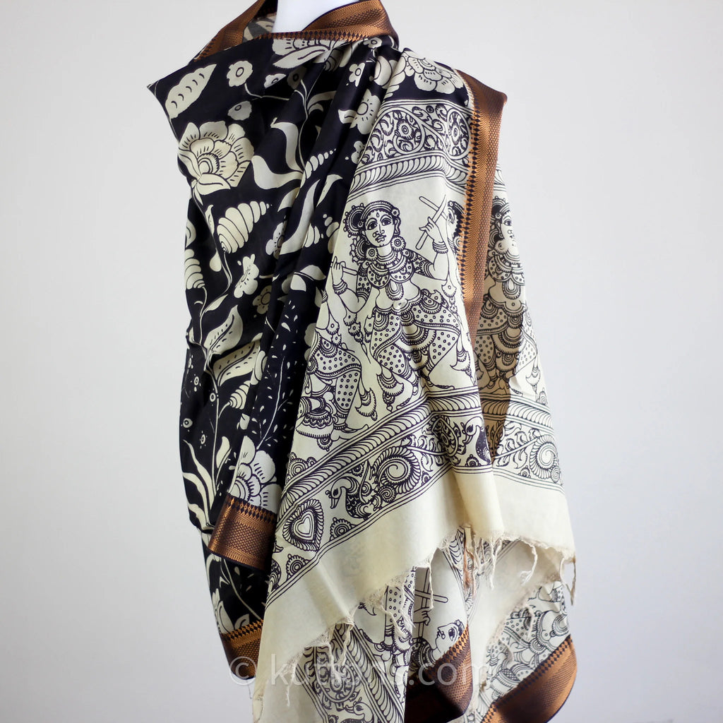 Ethnic Hand Painted Kalamkari Silk Wrap Natural Dyes Floral Dancing Divas Black 36x93